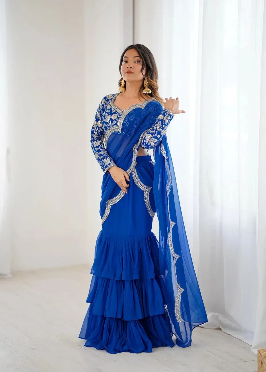 Beautifull Drape Embroidery Ruffle Saree