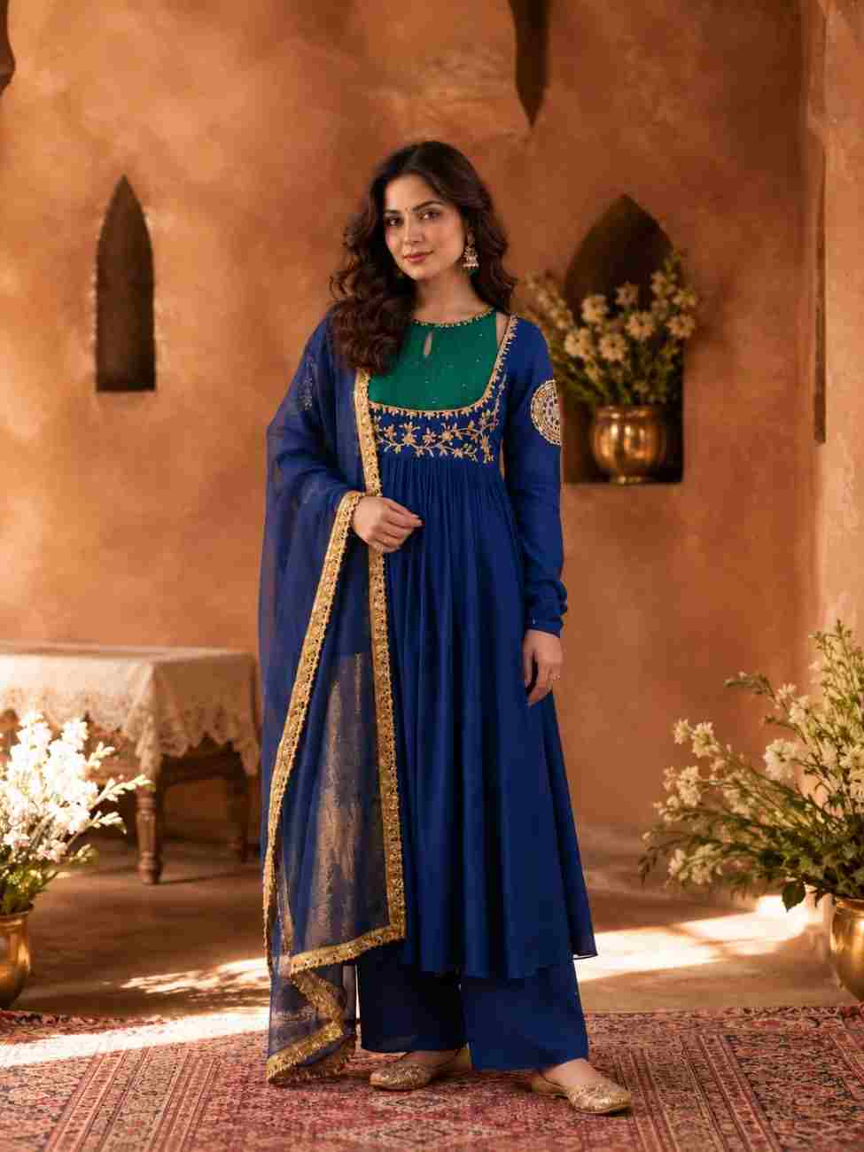 Designer Mull Chanderi Anarkali suit with Zari embroidery