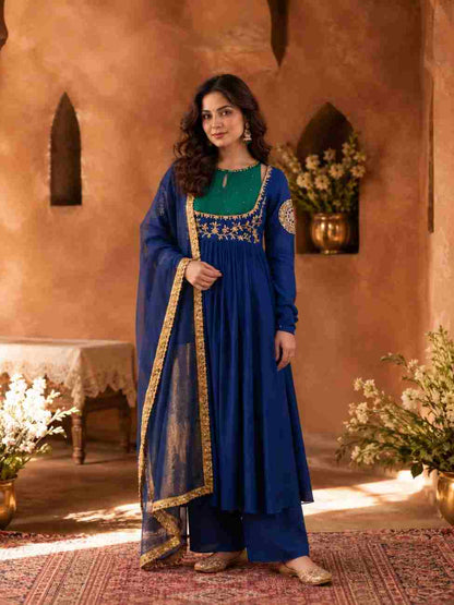 Designer Mull Chanderi Anarkali suit with Zari embroidery
