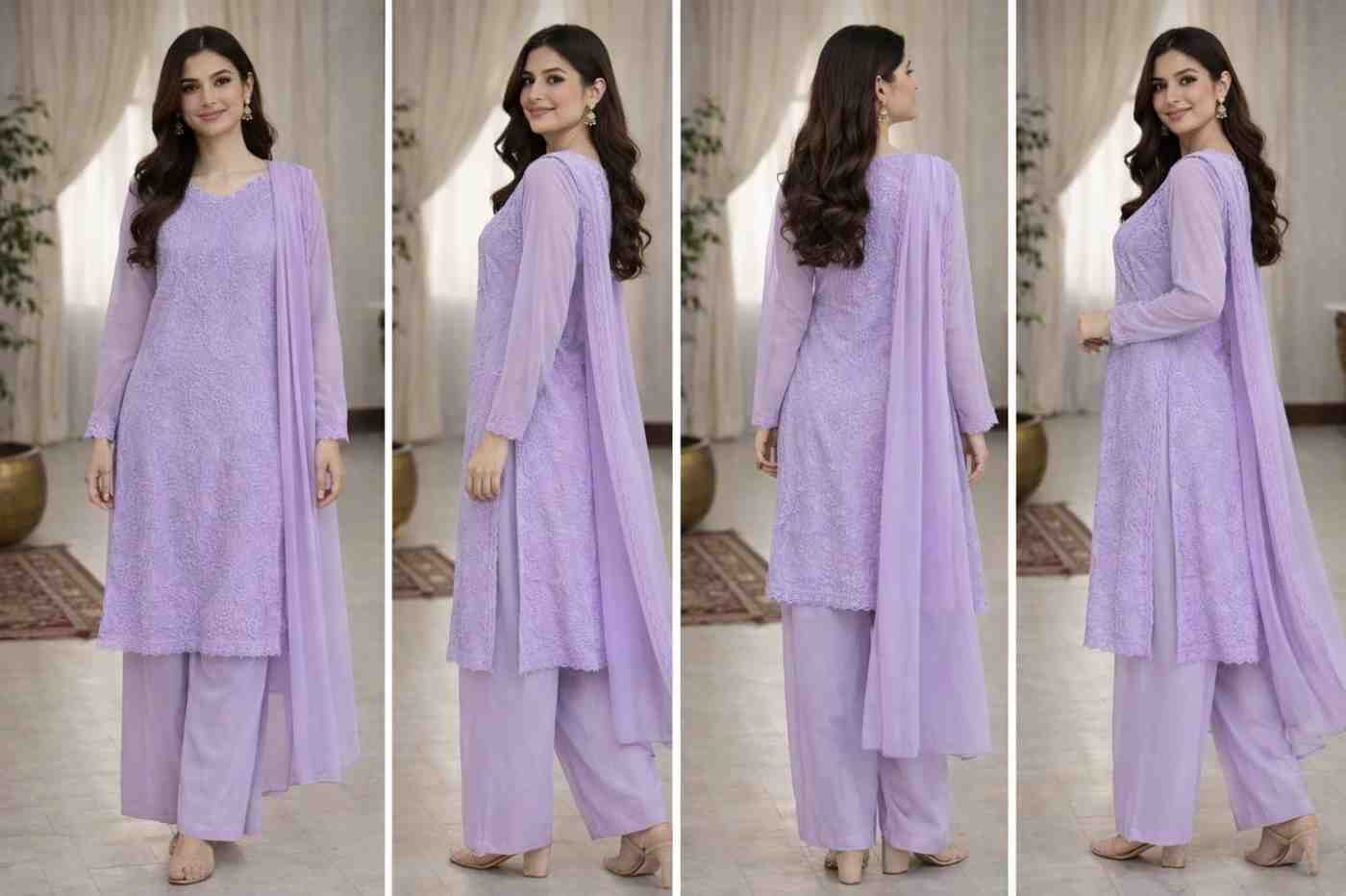 lavender chikankari kurta set with palazzo and dupatta embroidered ethnic wear