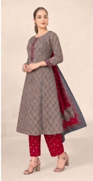 Pure cotton A line kurti pant dupatta set for women