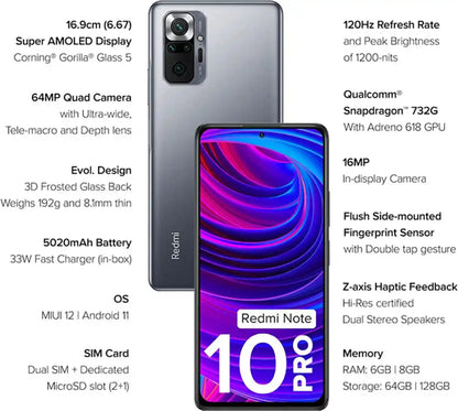 Redmi Note 10 Pro 6GB RAM 128GB smartphone with AMOLED display and quad camera