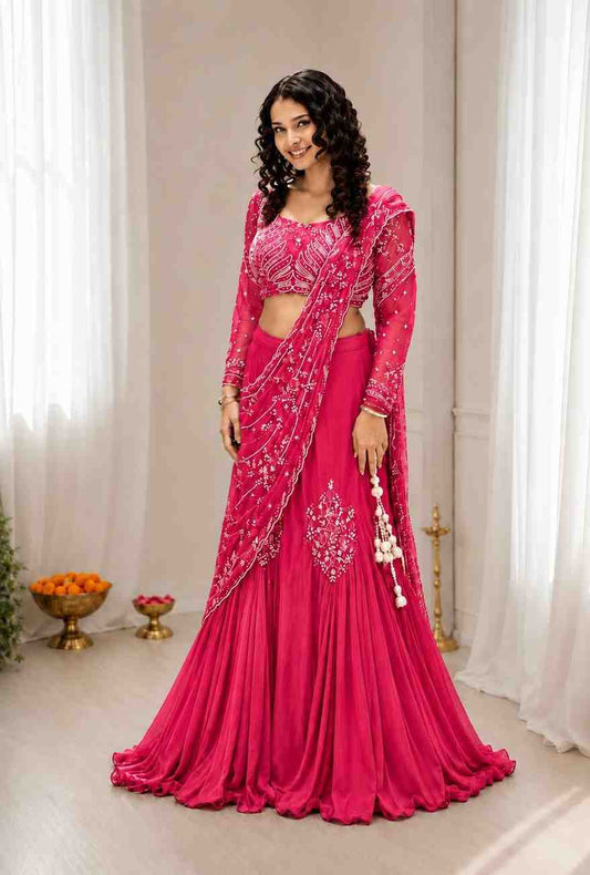 Chinon silk lehenga style dress front view