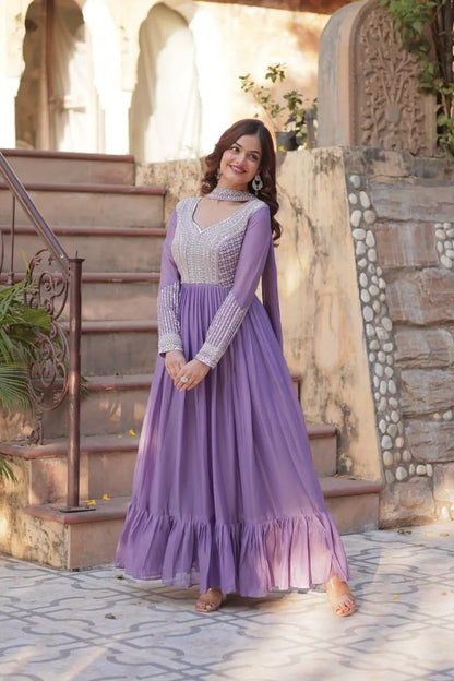 Lavender Embroidered Georgette Gown with Dupatta