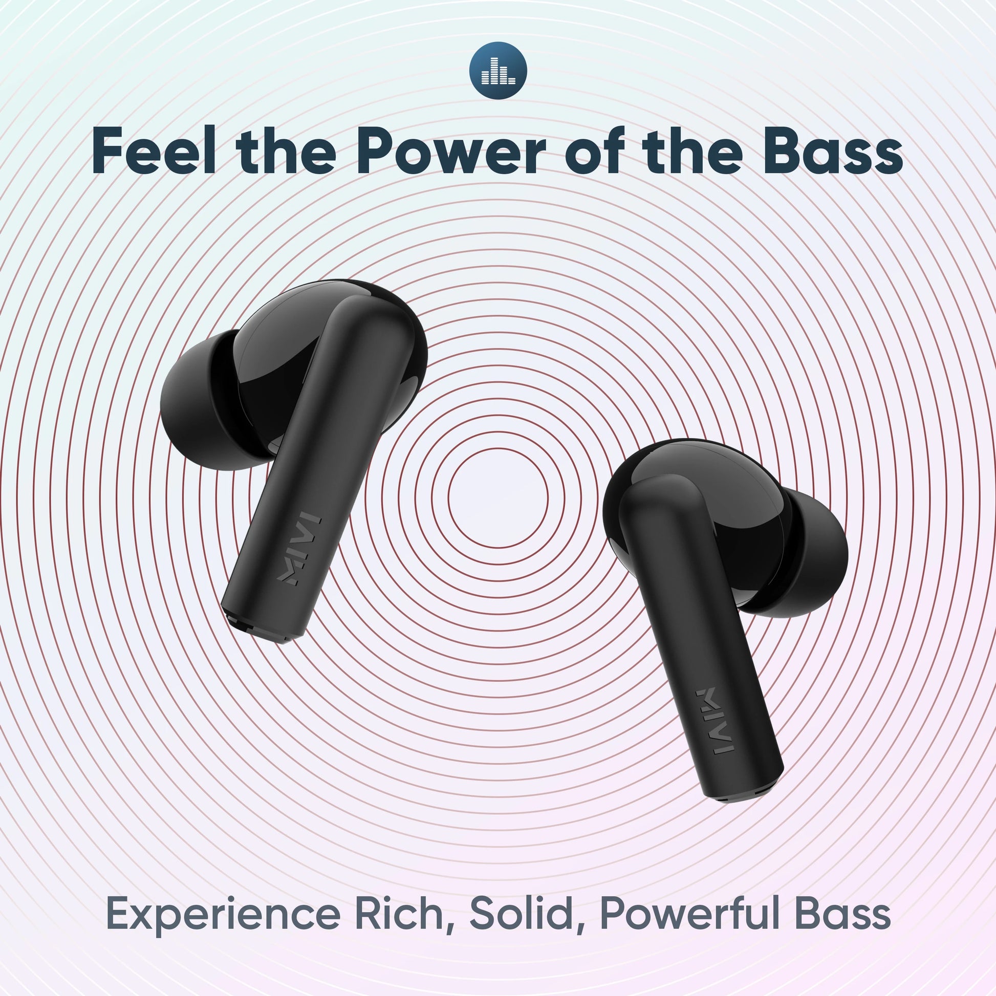 Black wireless earbuds with sound wave graphics on a light background