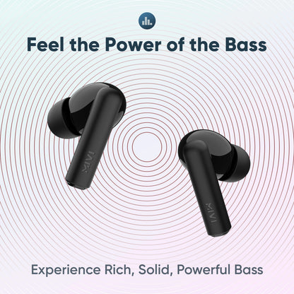 Black wireless earbuds with sound wave graphics on a light background