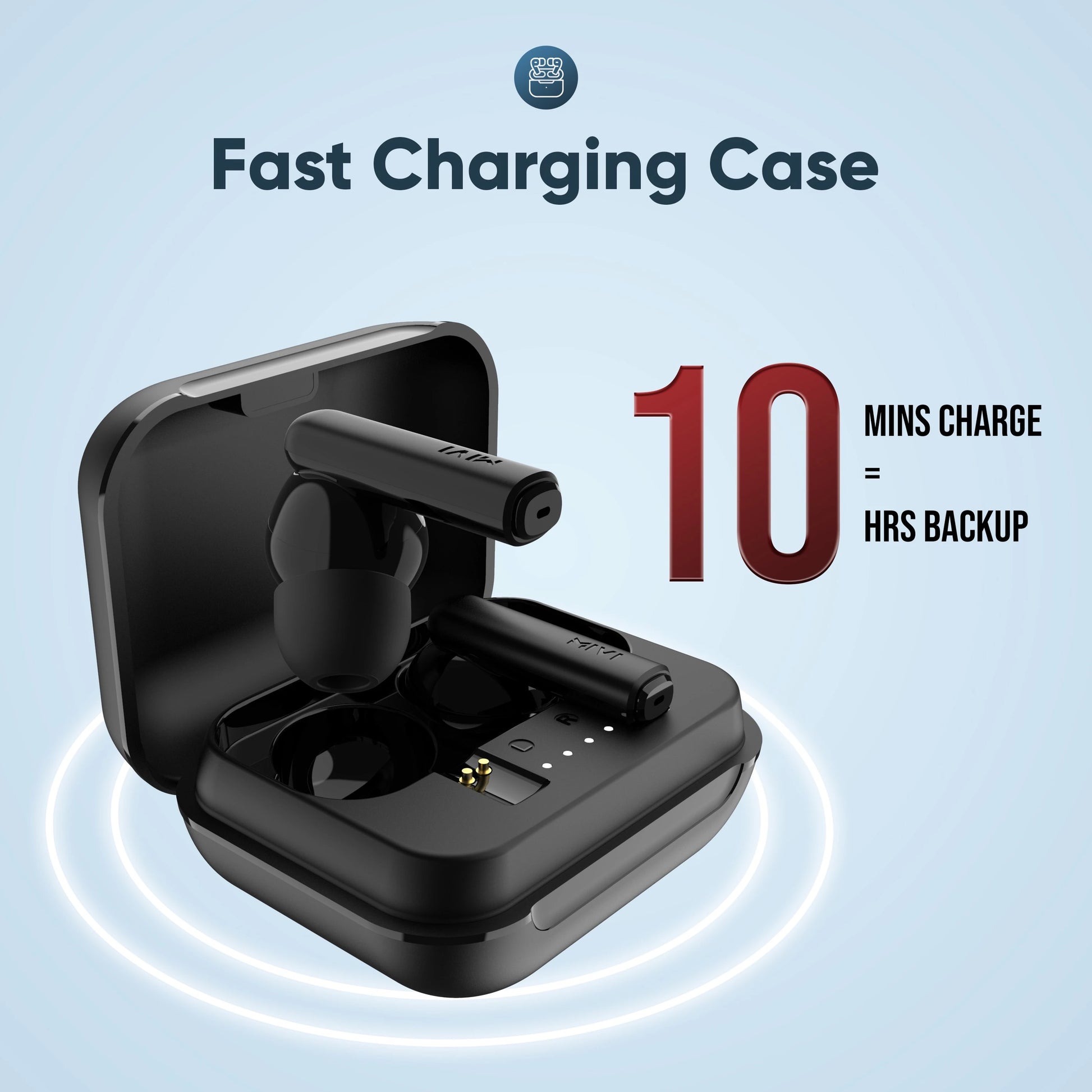 Black wireless earbuds in charging case with text on a light blue background