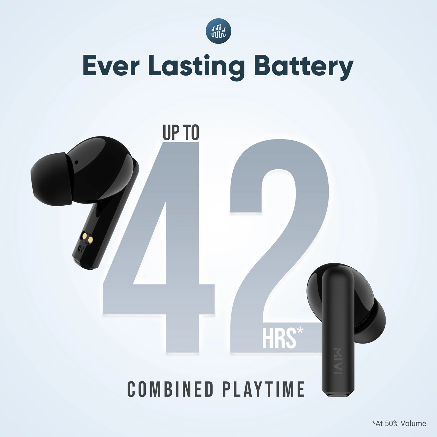 Black wireless earbuds with 'Ever Lasting Battery' text and 42-hour playtime on a light blue background.