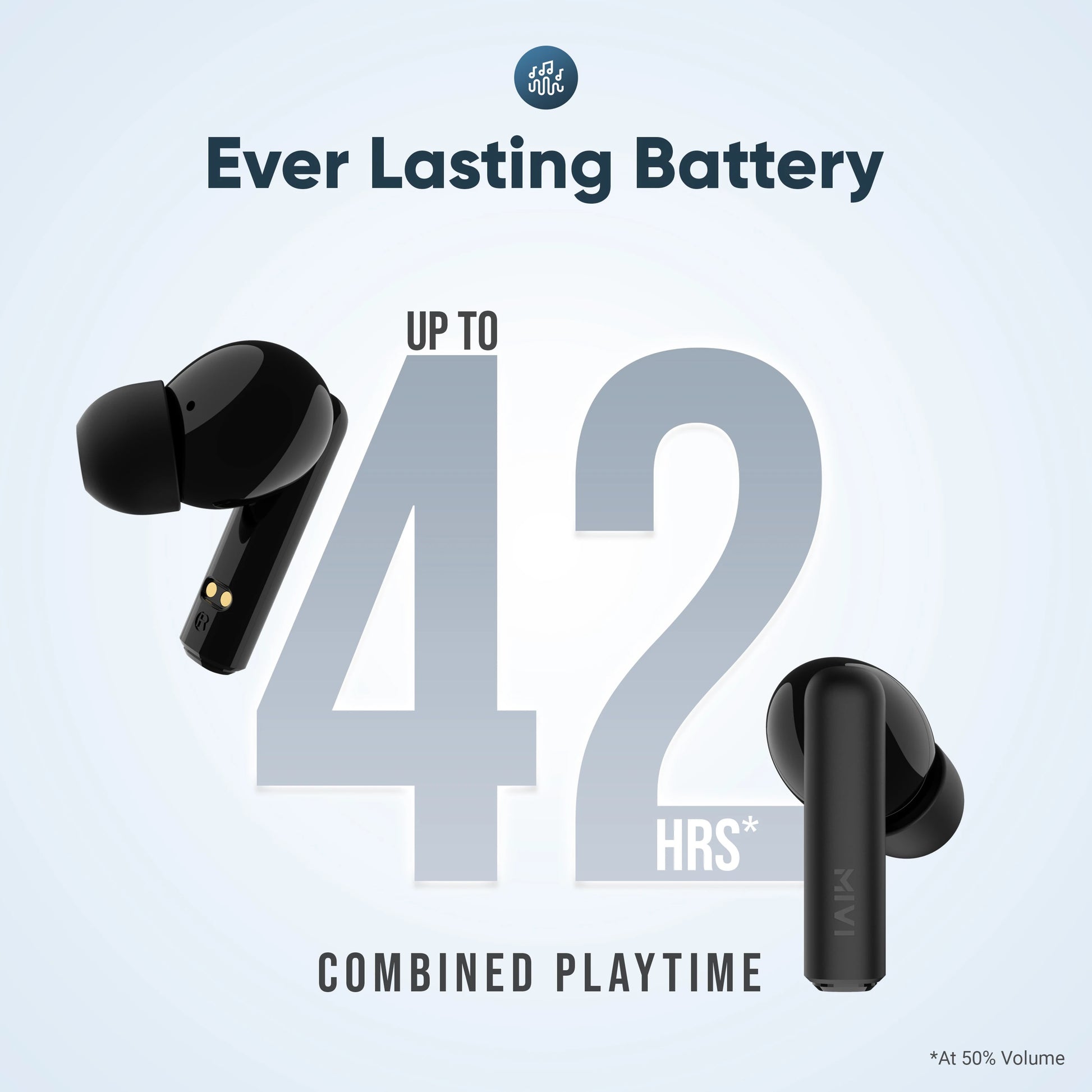 Black wireless earbuds with 'Ever Lasting Battery' text and 42-hour playtime on a light blue background.