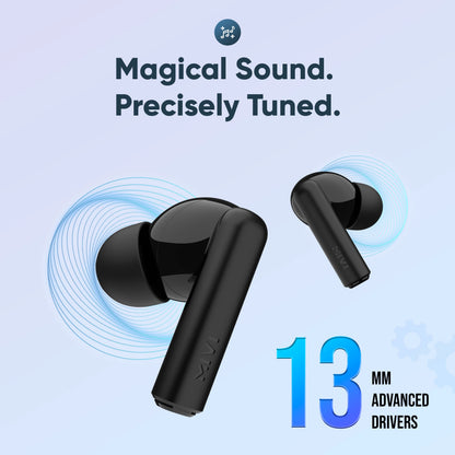 Black wireless earbuds with 'Magical Sound. Precisely Tuned.' text and '13 mm Advanced Drivers' on a light blue background.