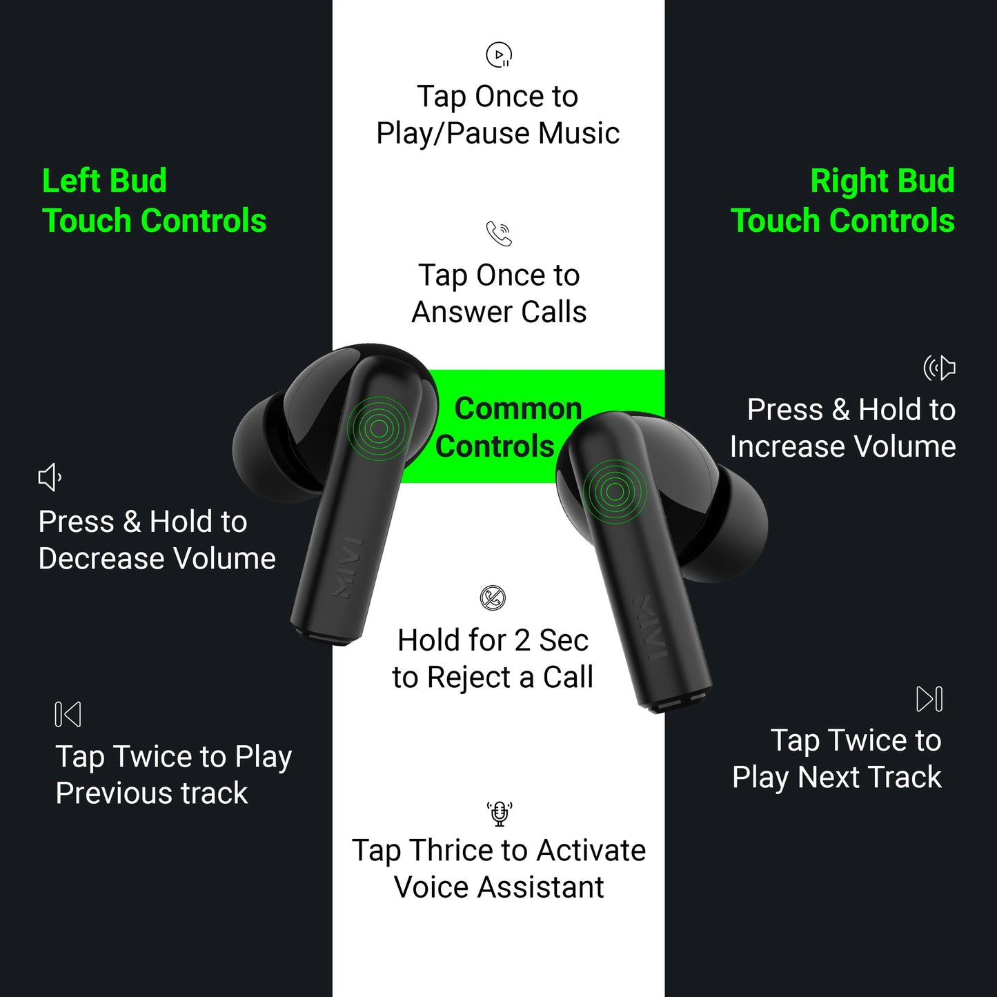 Black wireless earbuds with touch controls on a black background