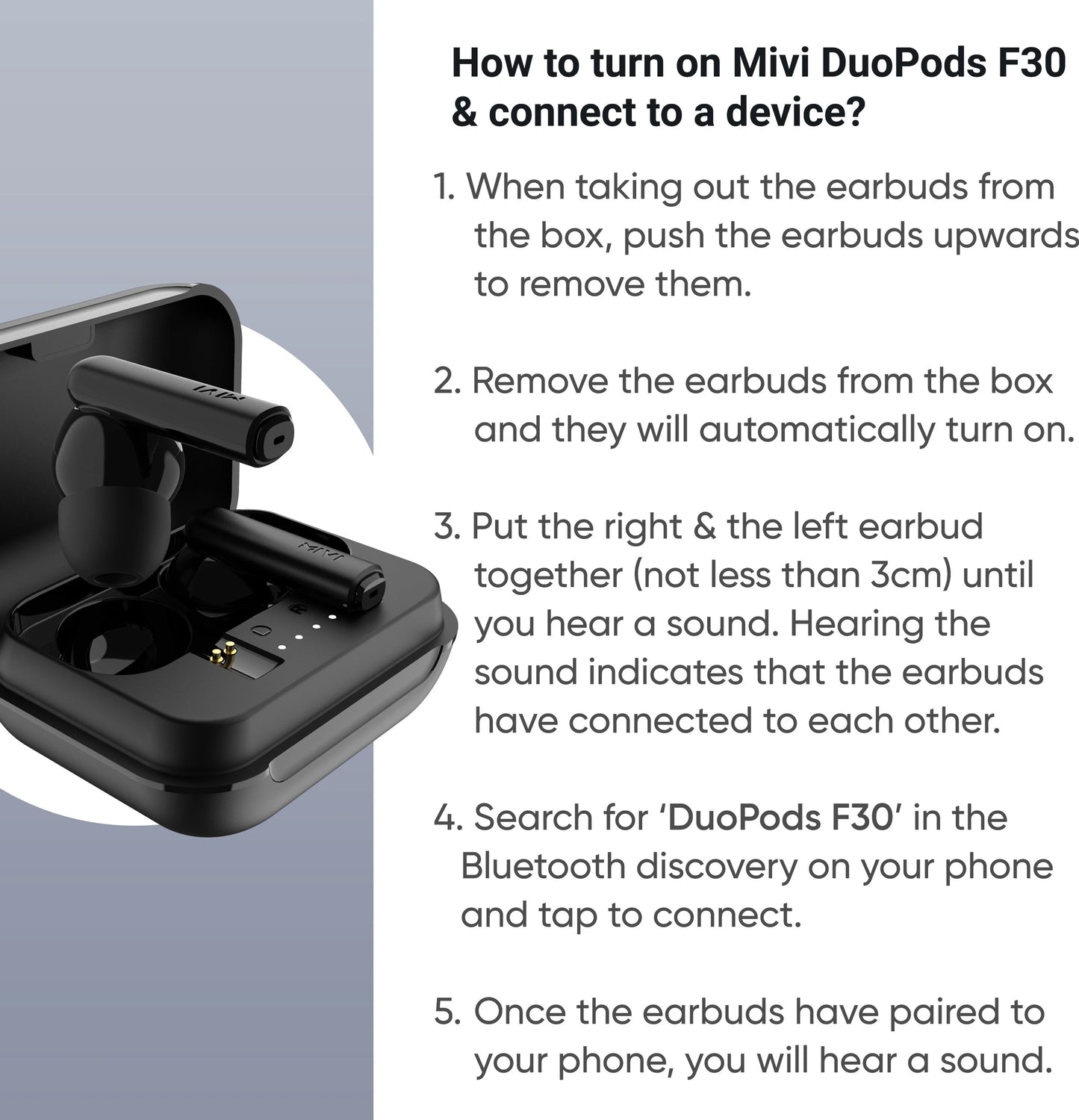 Black earbud case with instructions on how to turn on Mivi DuoPods F30 and connect to a device.
