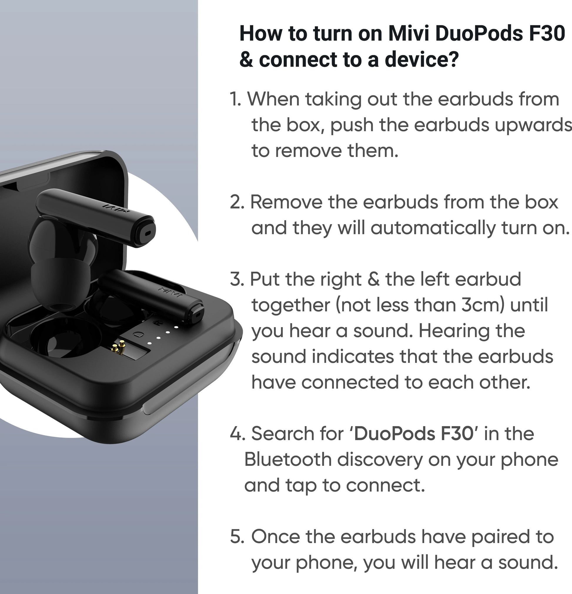 Black earbud case with instructions on how to turn on Mivi DuoPods F30 and connect to a device.