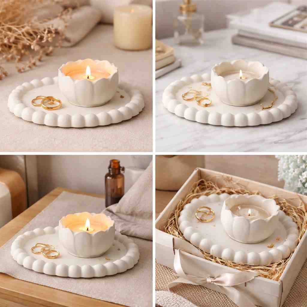 Collage of a decorative white ceramic holder with a lit candle on a textured surface.