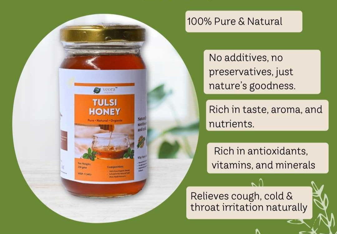 Jar of Tulsi honey with text highlighting its purity and benefits on a green background