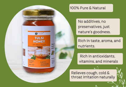 Jar of Tulsi honey with text highlighting its purity and benefits on a green background