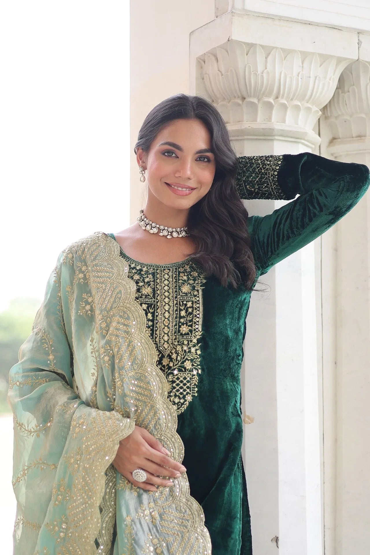 Premium Velvet Top Pant Dupatta Set with Embroidery