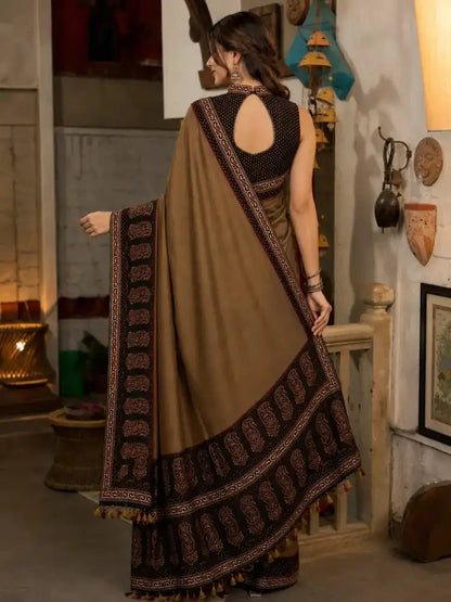 Traditional Ajrakh Block Print Saree