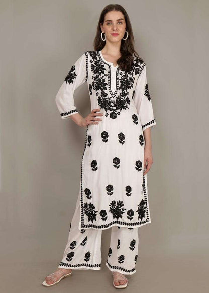 White black chikankari kurta palazzo set ethnic wear outfit