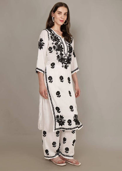 Traditional white black embroidered kurta palazzo set women