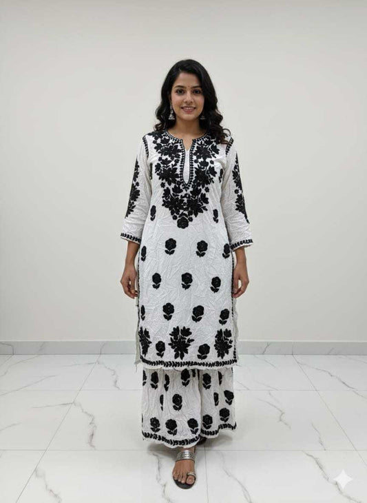 white black modal chikankari kurta palazzo set hand embroidered lucknowi ethnic wear