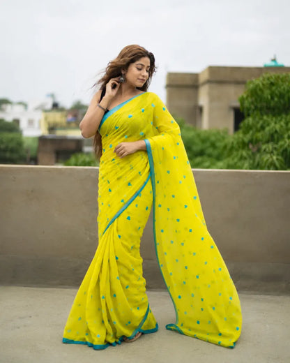 Lime Yellow Heart Print Saree for Women