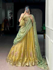 Moss Silk Lehenga Choli with Sequins & Thread Embroidery