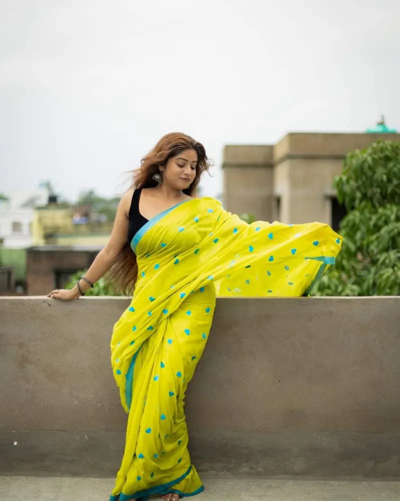 Lime Yellow Heart Print Saree for Women