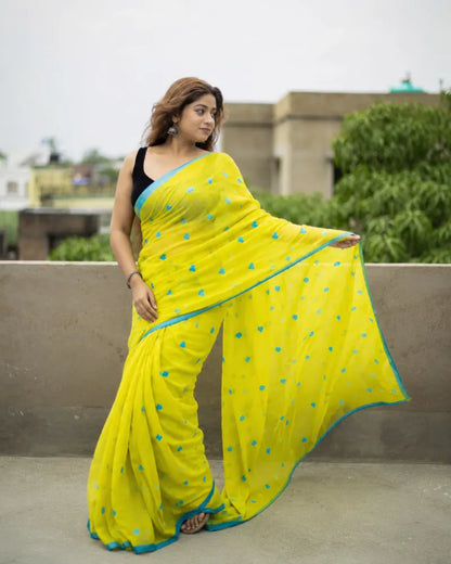 Lime Yellow Heart Print Saree for Women
