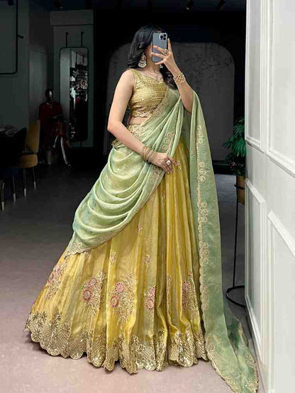 Moss silk lehenga with thread embroidery work