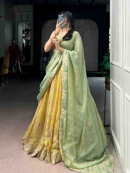 Women festive lehenga side profile view