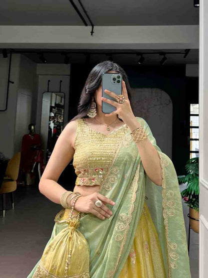 Designer lehenga with sequins detailing close up